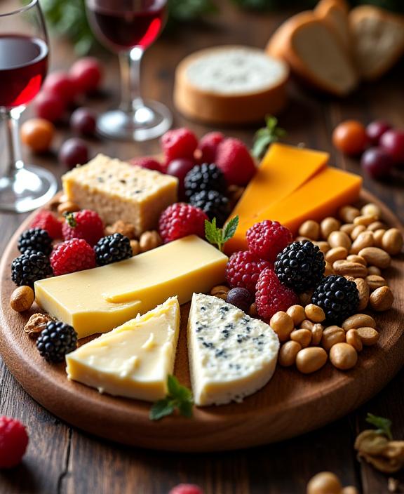 Eine reichhaltige Käseplatte serviert mit Wein für eine Degustation